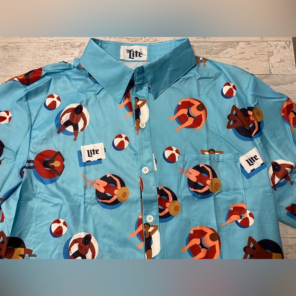 Miller Lite Beer Summer Beach Pool Short Sleeve Hawaiian Shirt Size Medium